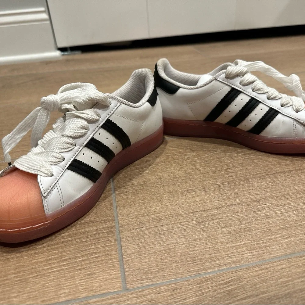 Adidas White and Black Superstar Sneakers with Pink Accents - Picture 3 of 7